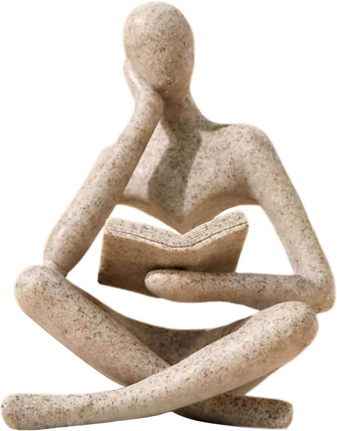 Showcases the unique design and artistic nature of the sandstone figurine reading a book.