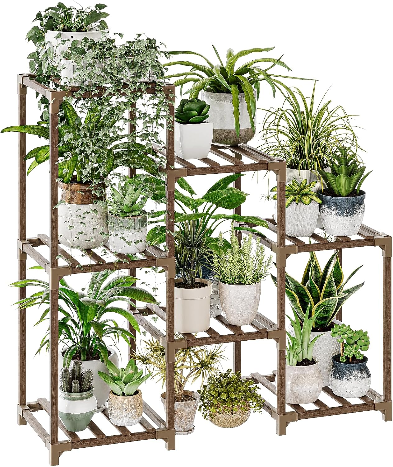 Showcases a versatile plant stand with multiple levels for displaying various indoor plants and pots. Demonstrates how the product can be used to create an attractive indoor garden arrangement with…
