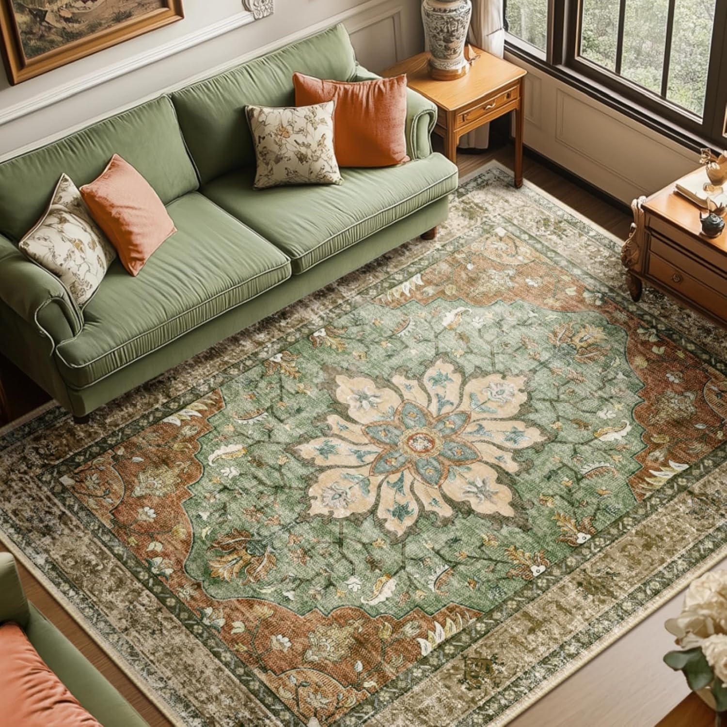 Showcases the rug in a stylish, real-world living room setting to help shoppers visualize how it would look in their own home.