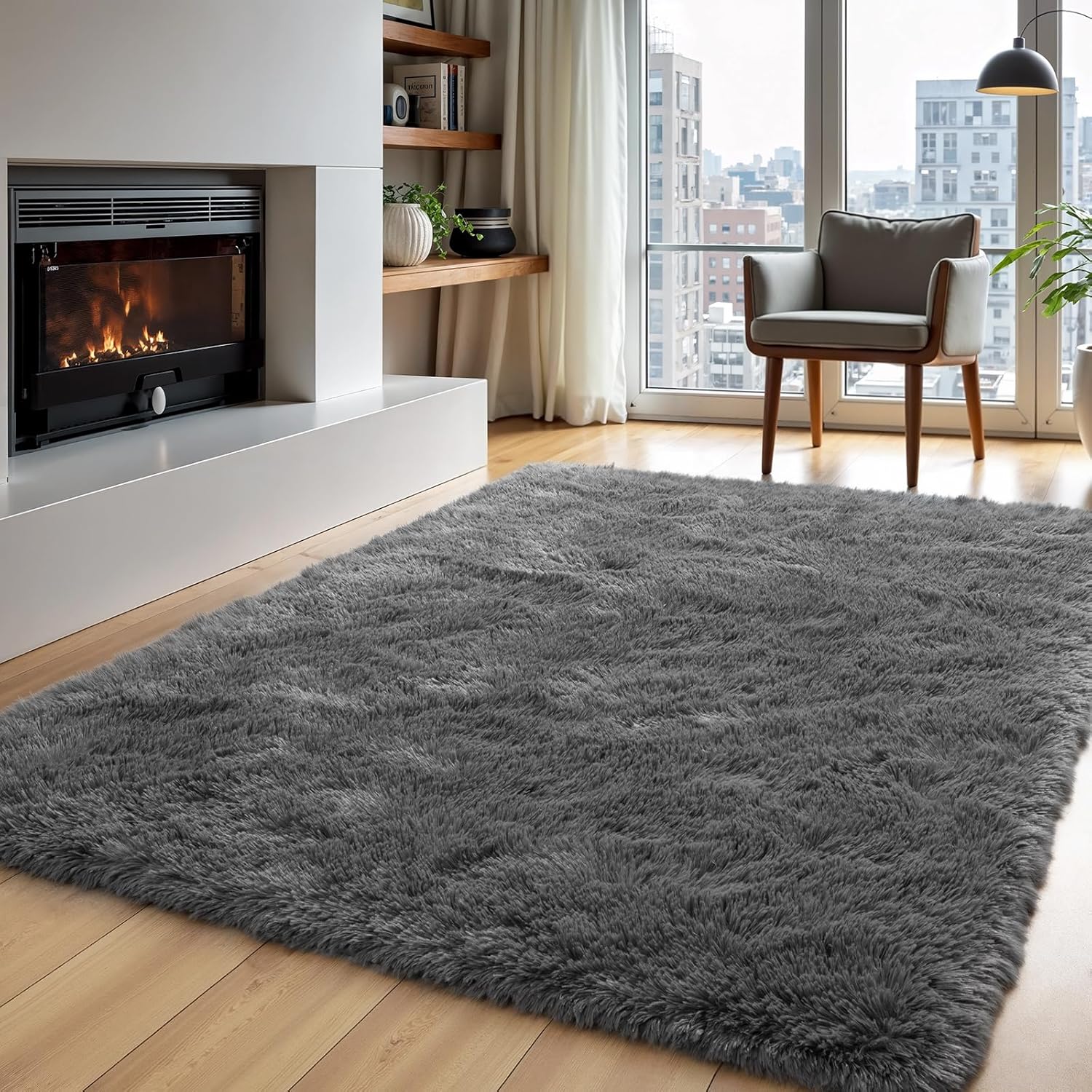 Showcases the rug in a luxurious, modern living room setting to demonstrate its aesthetic appeal and comfort in a real-world environment.