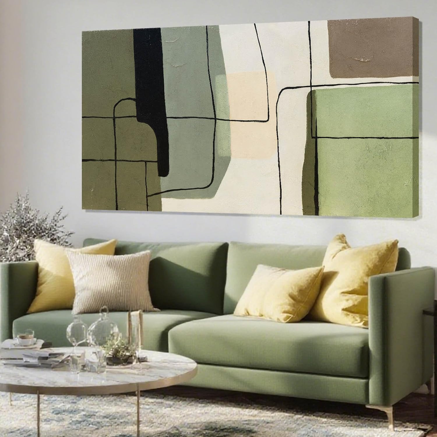 Showcases how the abstract artwork complements and enhances a contemporary living room setting.
