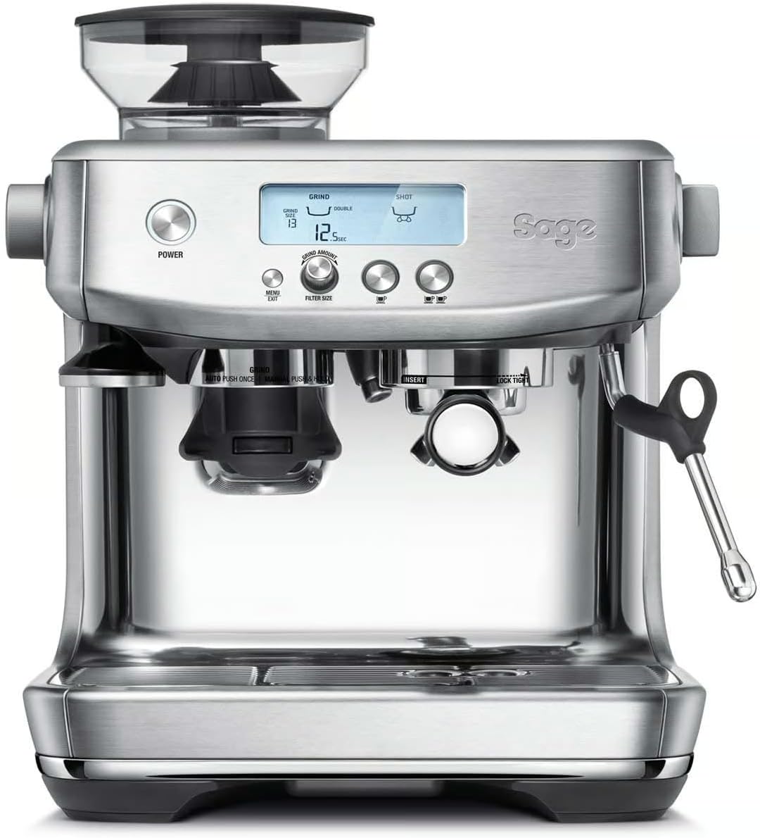 Showcases the full espresso machine with built-in grinder to highlight its all-in-one functionality and premium design.