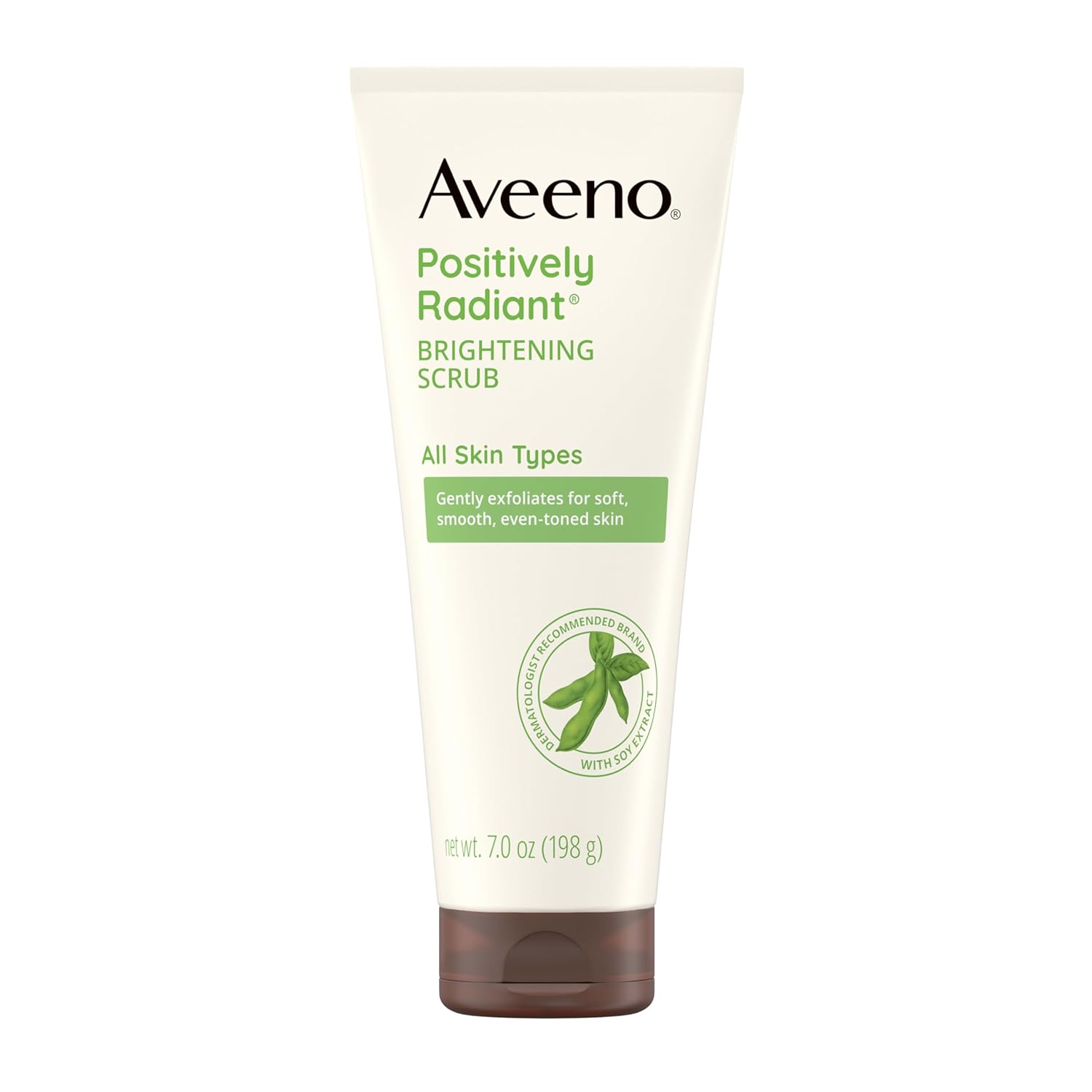 Showcases the product's packaging and clearly displays key features like brightening effects and suitability for all skin types.