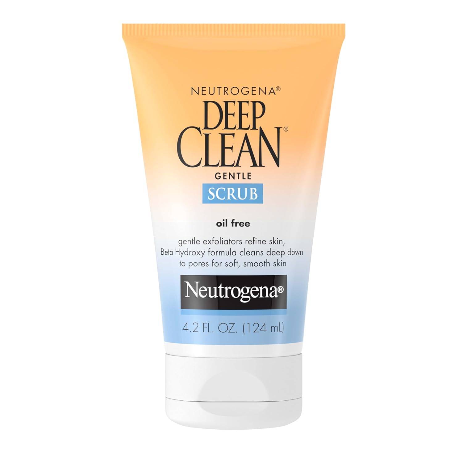 Showcases the product's packaging and highlights its key features as a gentle, oil-free exfoliating scrub for deep cleaning pores.