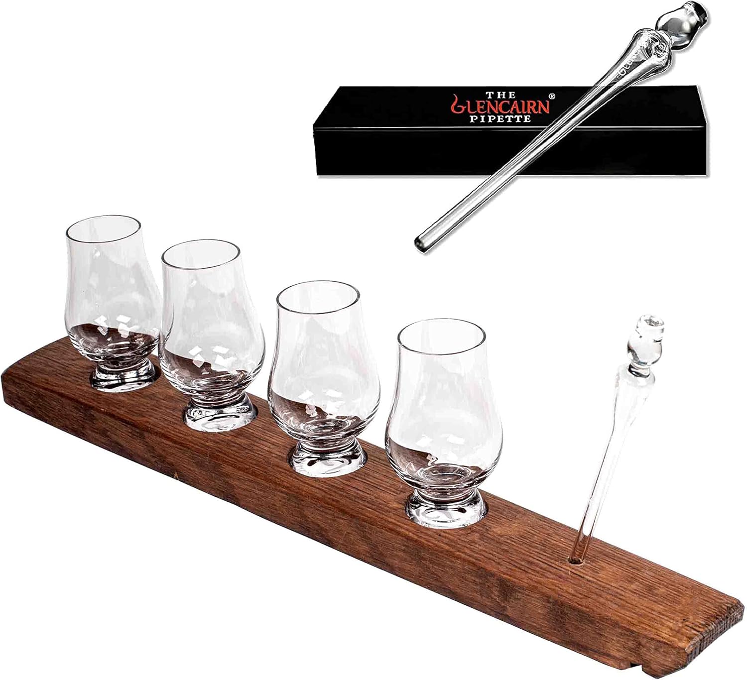 Showcases the complete whisky tasting set including glasses, wooden stand, and pipette for potential buyers. Displays all components of the whisky tasting set to clearly show what is included in the…