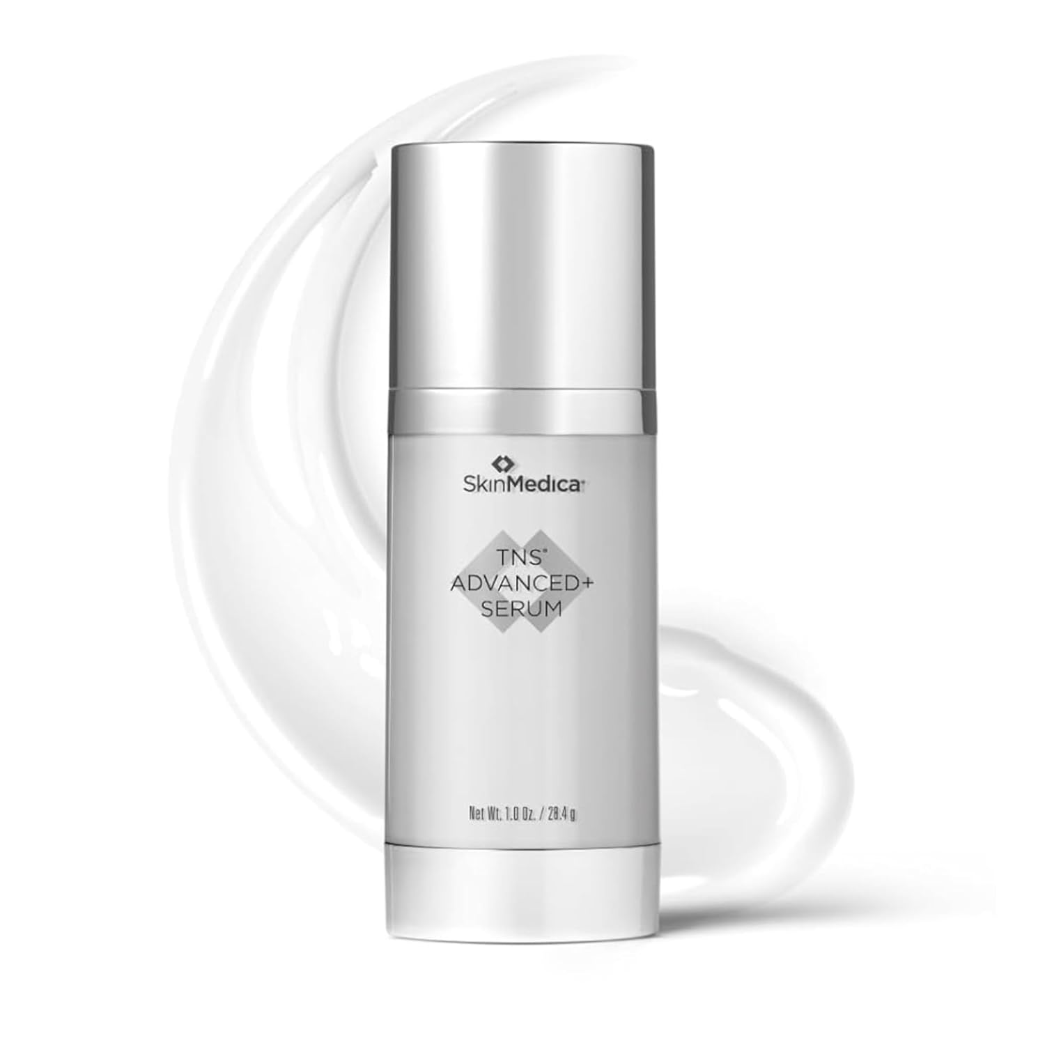 Showcases the product's sleek packaging and highlights its advanced formula. Illustrates the serum's smooth texture and application through the swirl design.