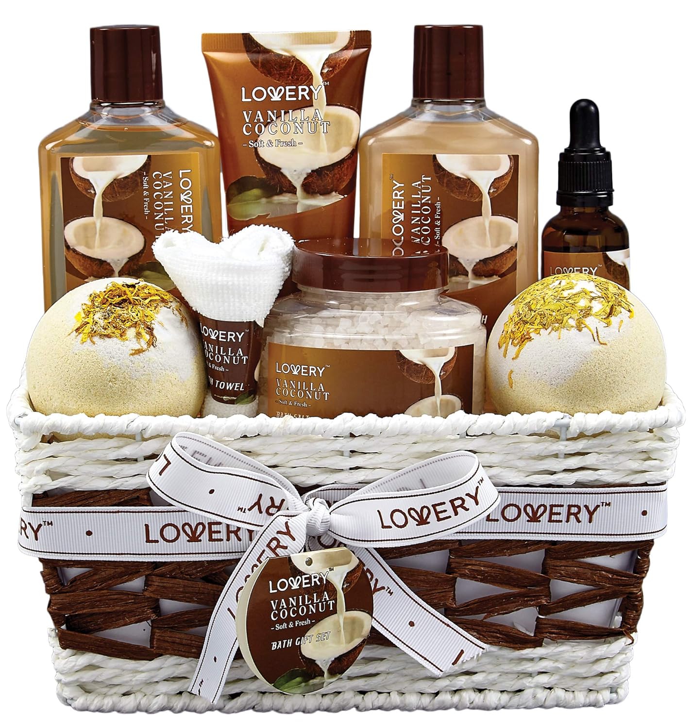 Showcases all the items included in the Vanilla Coconut bath and body gift set, demonstrating the variety and value of the product.