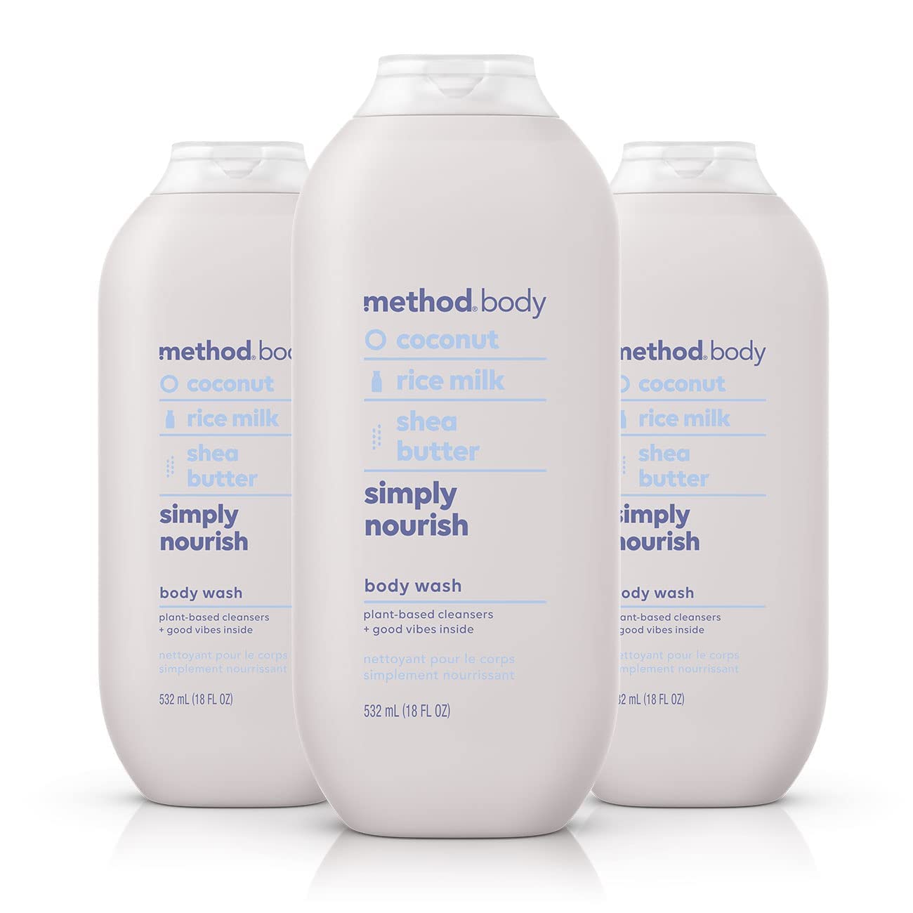 Shows three identical bottles of body wash to emphasize the product and its availability in multiple units. Displays multiple bottles of the same product to showcase quantity options or bulk…