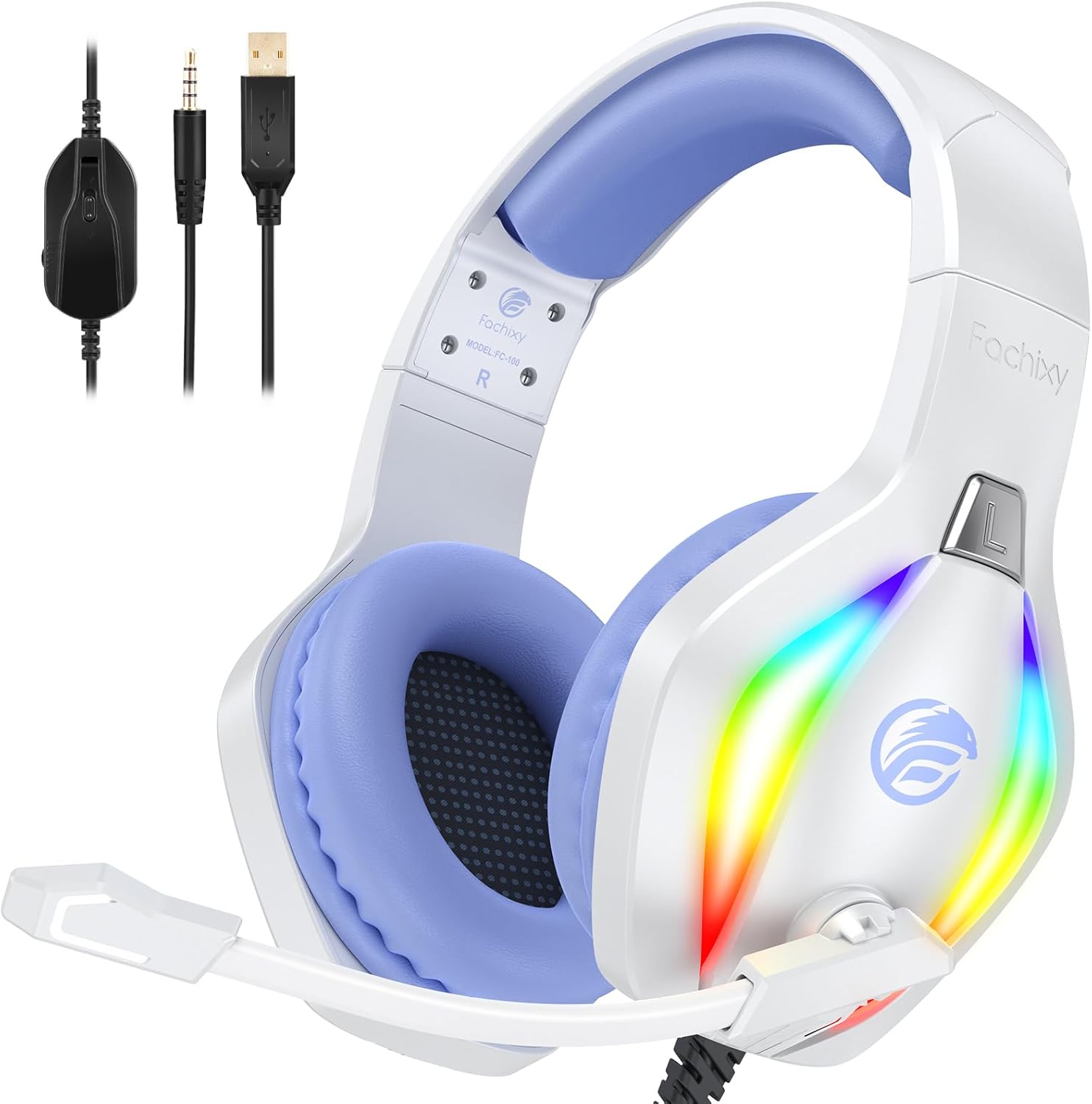 Showcases the product's design and RGB lighting feature to appeal to gamers looking for an attractive and functional headset. Displays the included cables to highlight multiple connectivity options,…