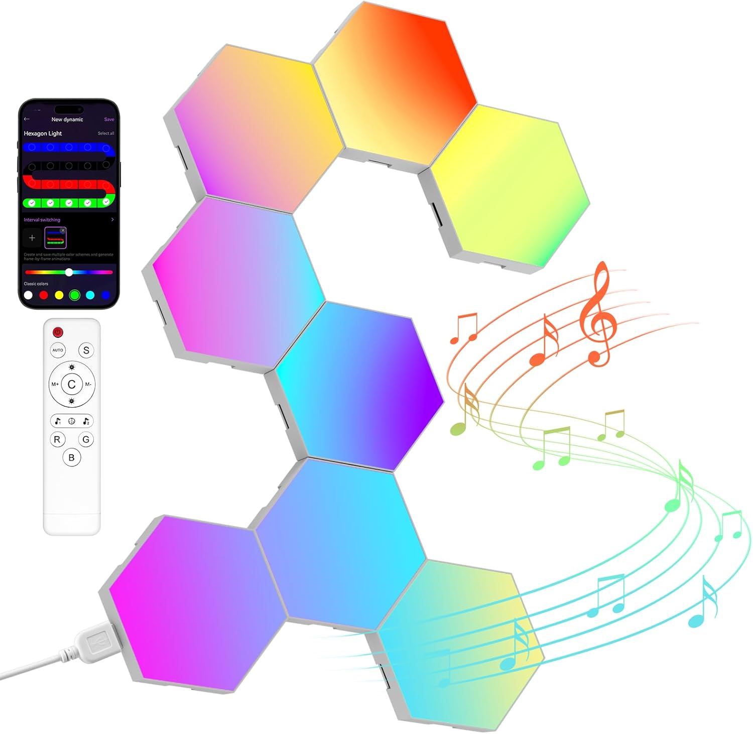 Showcases the hexagonal smart lighting panels in various colors to highlight their customizable RGB lighting capabilities. Demonstrates the included smartphone app and remote control for easy…