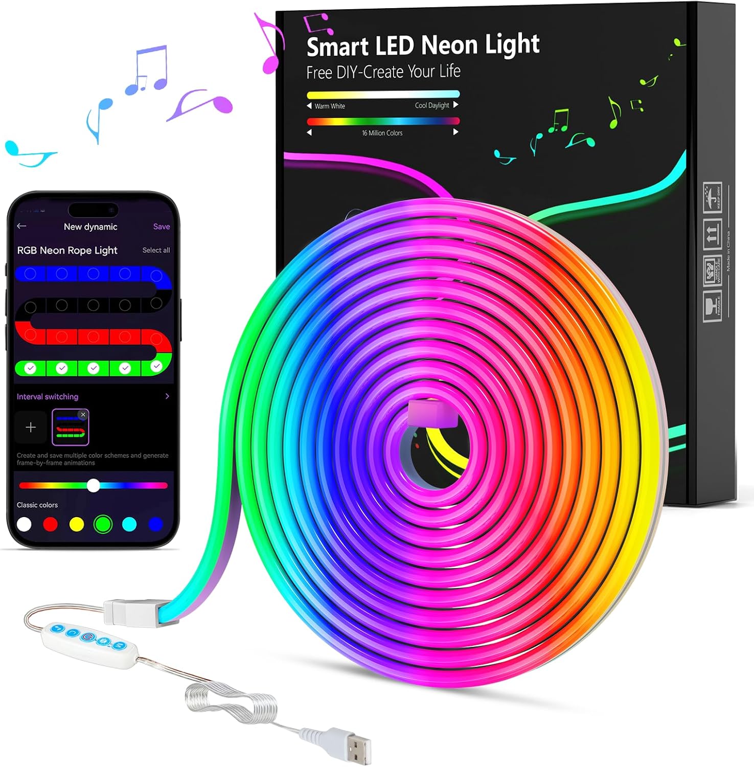 Showcases the product's vibrant colors and smartphone app control capabilities to highlight its smart features and customization options. Displays all components included in the package to give…