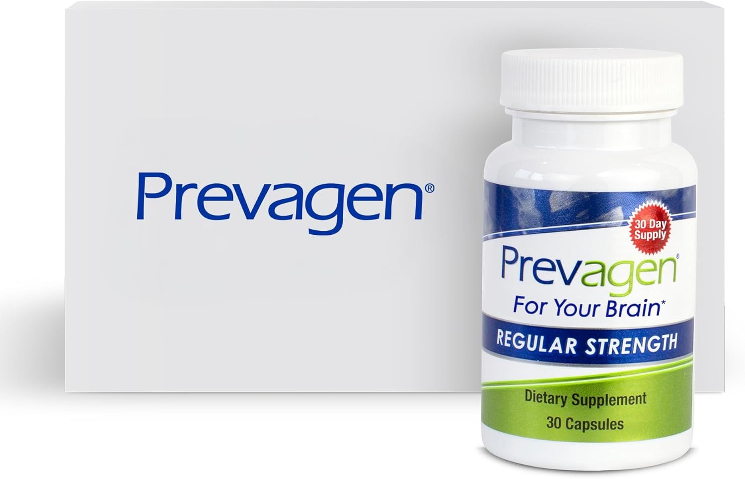 Showcases the product packaging to clearly identify the Prevagen supplement and its key features. Displays the Prevagen logo prominently to reinforce brand recognition alongside the product bottle.