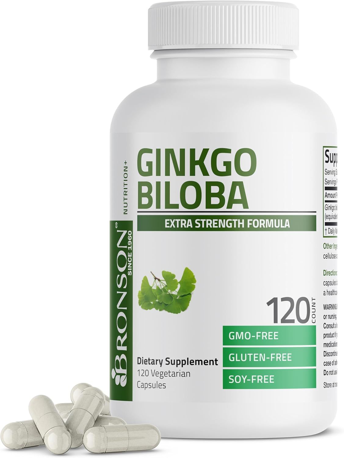 Clearly shows the Ginkgo Biloba supplement bottle to inform customers about the product's appearance and key features. Displays the supplement capsules alongside the bottle to give customers a…