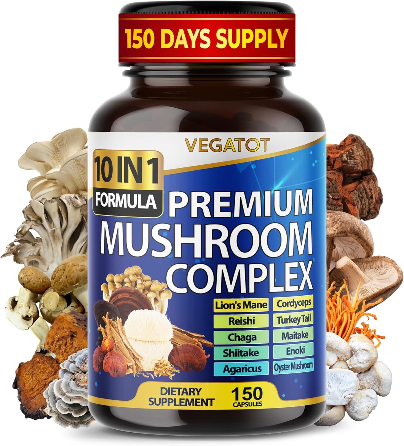 Showcases the product's packaging and highlights the large 150-day supply to emphasize value. Also displays various mushroom ingredients to communicate the complex formula.