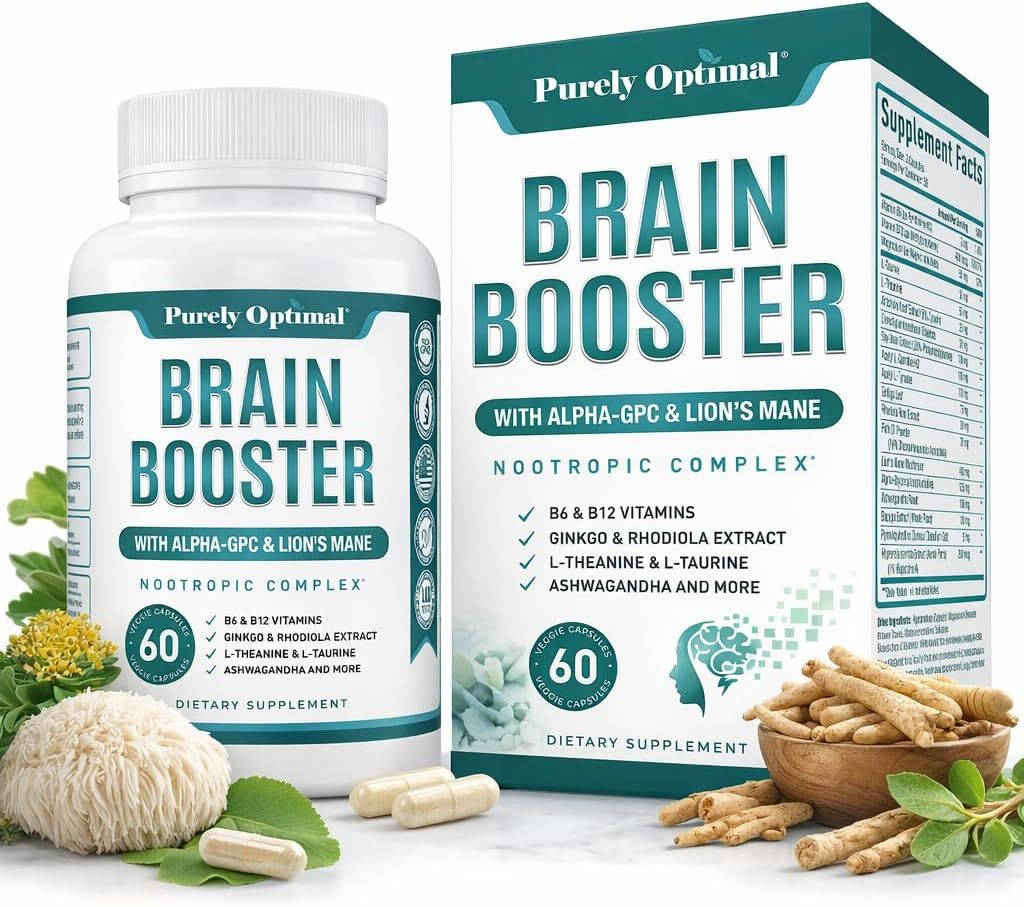 Shows the product bottle alongside its retail packaging to communicate brand identity and product details. Highlights key ingredients and benefits of the brain booster supplement to inform potential…