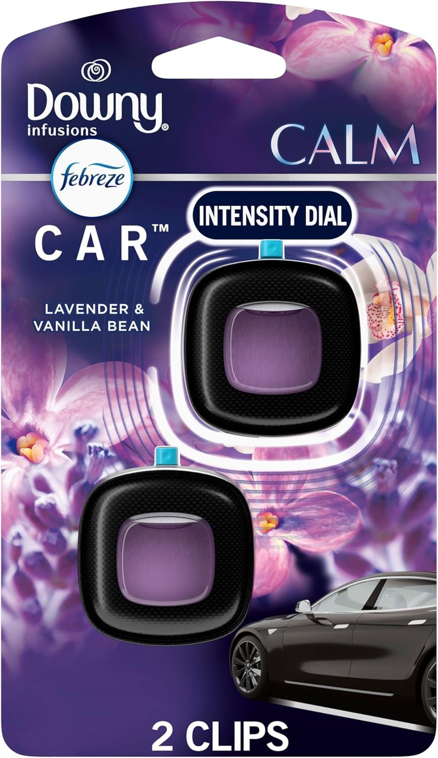 Shows the retail packaging of the car air freshener product to communicate brand identity and highlight the scent.