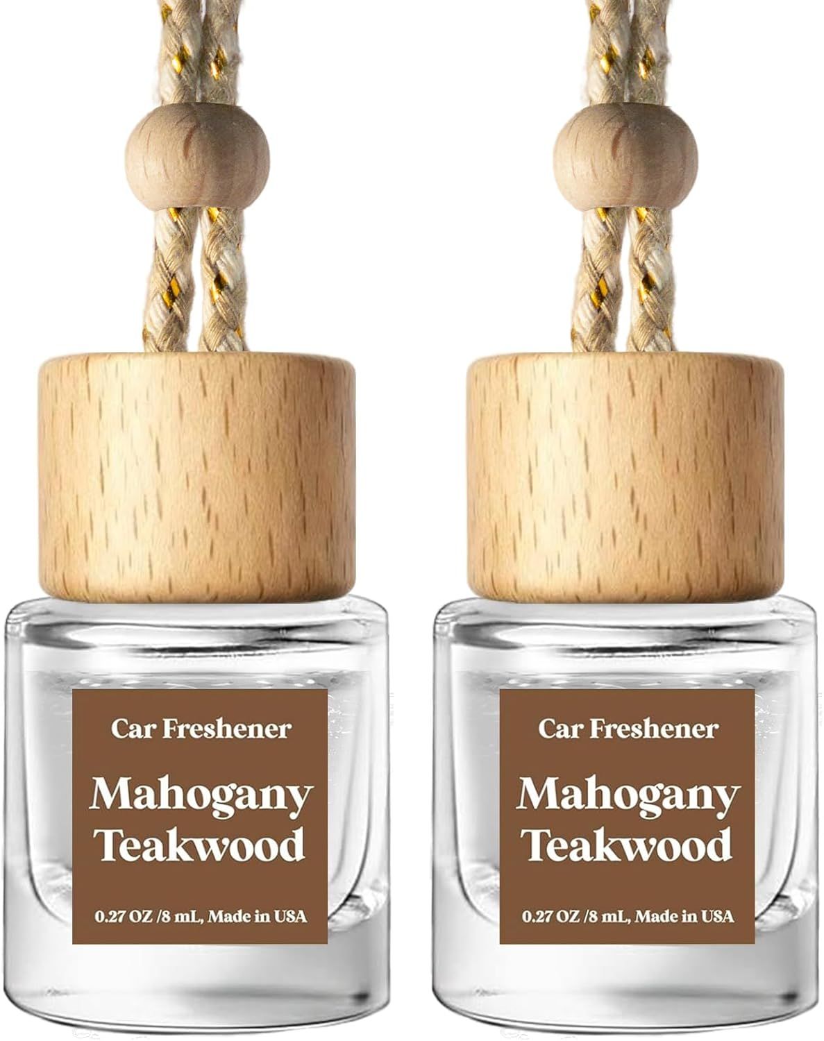 Showcases the product design and packaging of car freshener bottles with wooden caps.