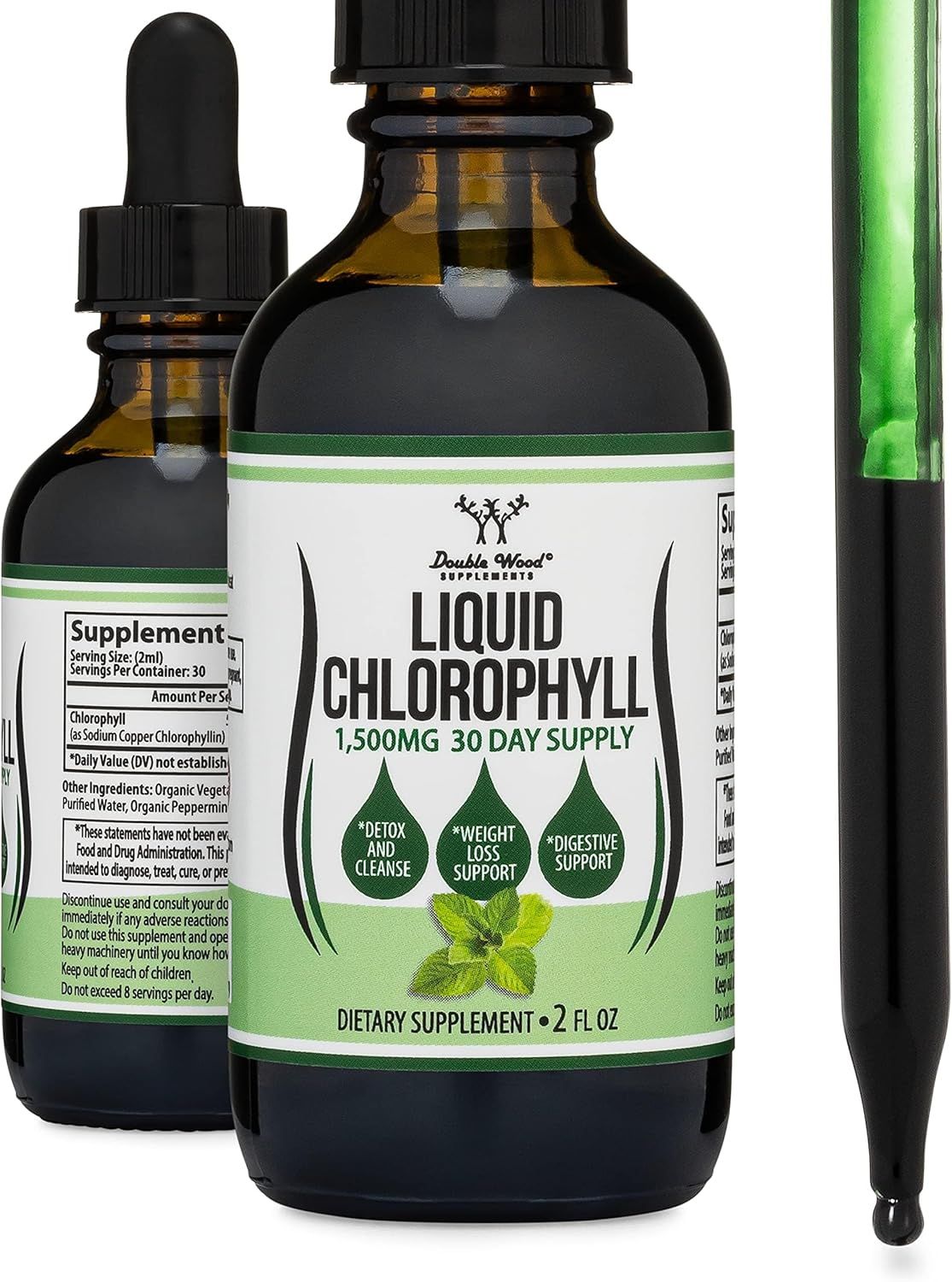 Showcases the liquid chlorophyll supplement bottles to clearly display the product being sold. Displays the dropper applicator and multiple bottle sizes to show the full product offering and usage…