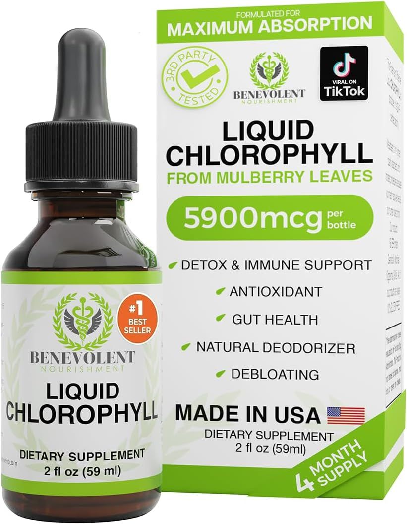 Shows the liquid chlorophyll product alongside its retail packaging to communicate brand identity and product details. Highlights key product features and benefits like maximum absorption, detox…