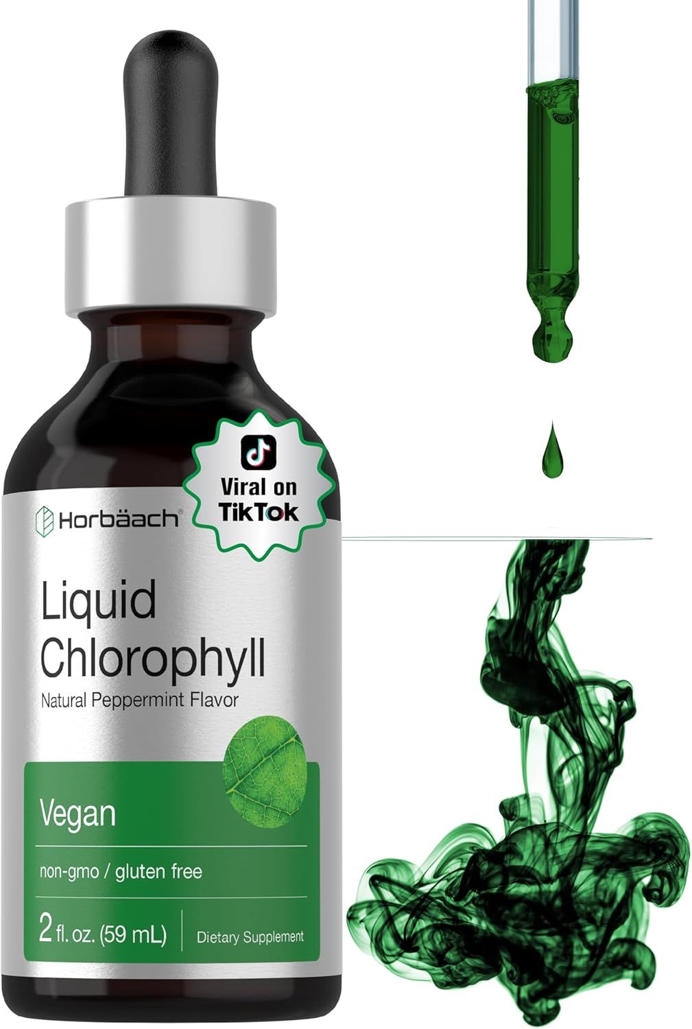Showcases the product bottle and green liquid to highlight the natural chlorophyll supplement. Draws attention to the product's popularity on social media to increase consumer interest and trust.