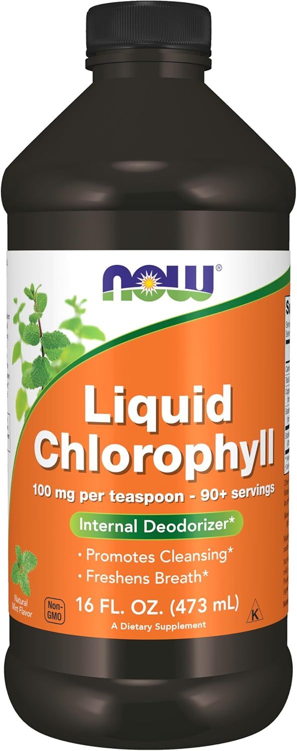 Showcases the product bottle clearly to highlight the liquid chlorophyll supplement and its key benefits. Displays the product packaging and label to communicate brand, ingredients, and usage…