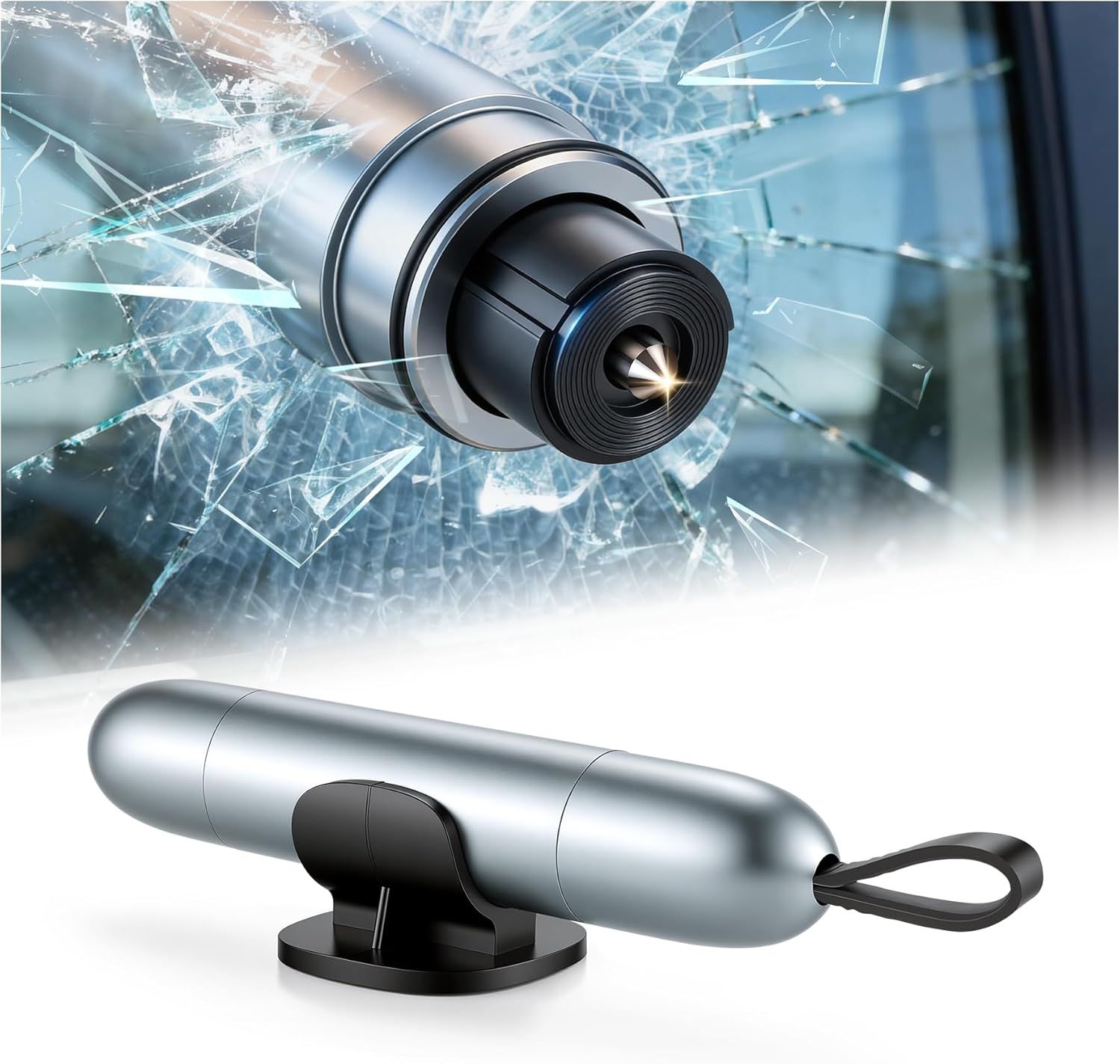Showcases the product's sleek, portable design and highlights its safety features for breaking car windows in emergencies. Visually demonstrates the product's ability to break glass, emphasizing its…