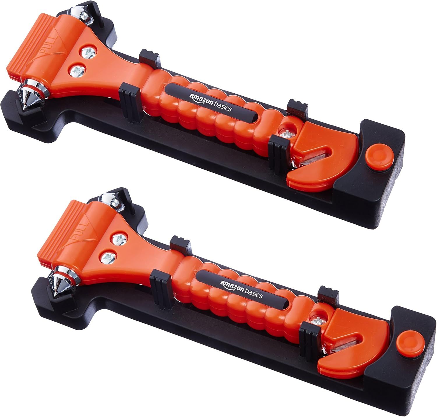 Showcases the product's design and key features as an emergency tool for vehicle safety. Highlights the multiple components of the tool, including the hammer and seat belt cutter.