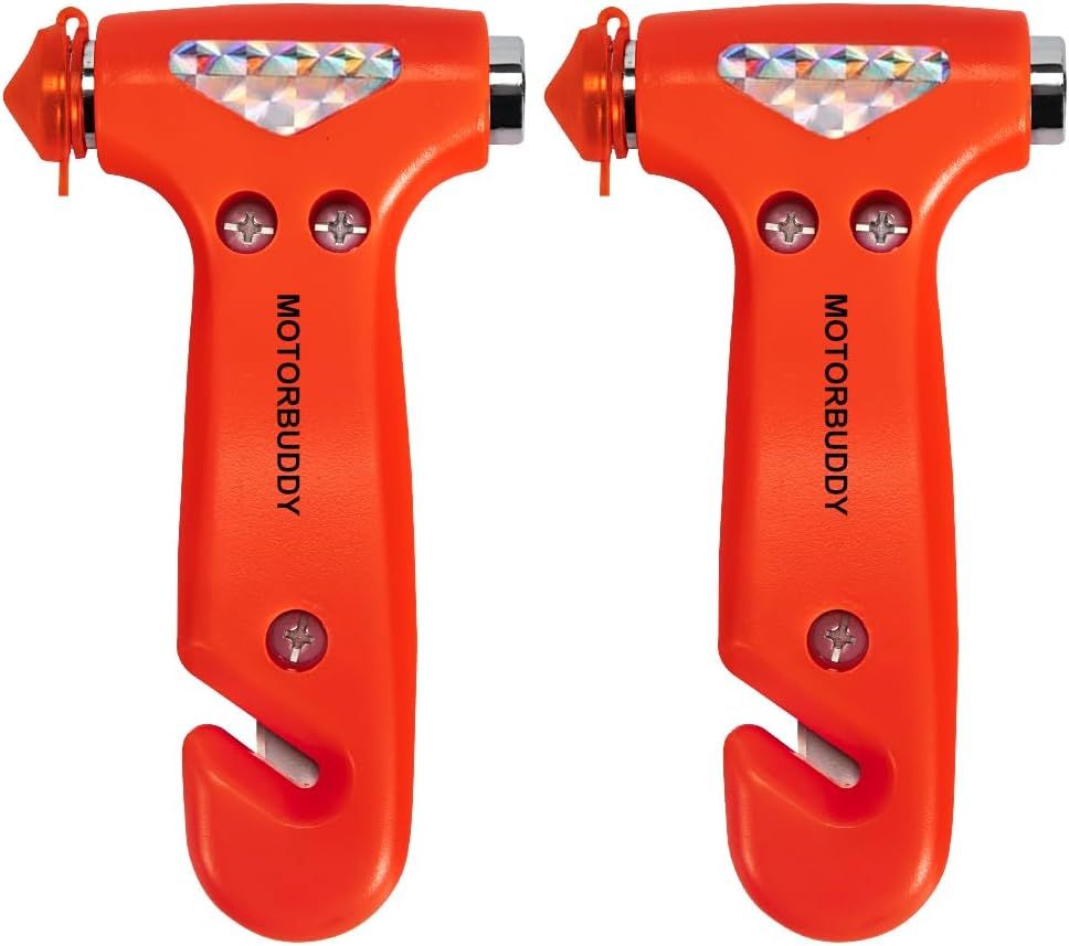 Showcases the bright orange color and compact design of the emergency safety tool to highlight its visibility and portability in emergency situations. Displays two identical units side-by-side to…
