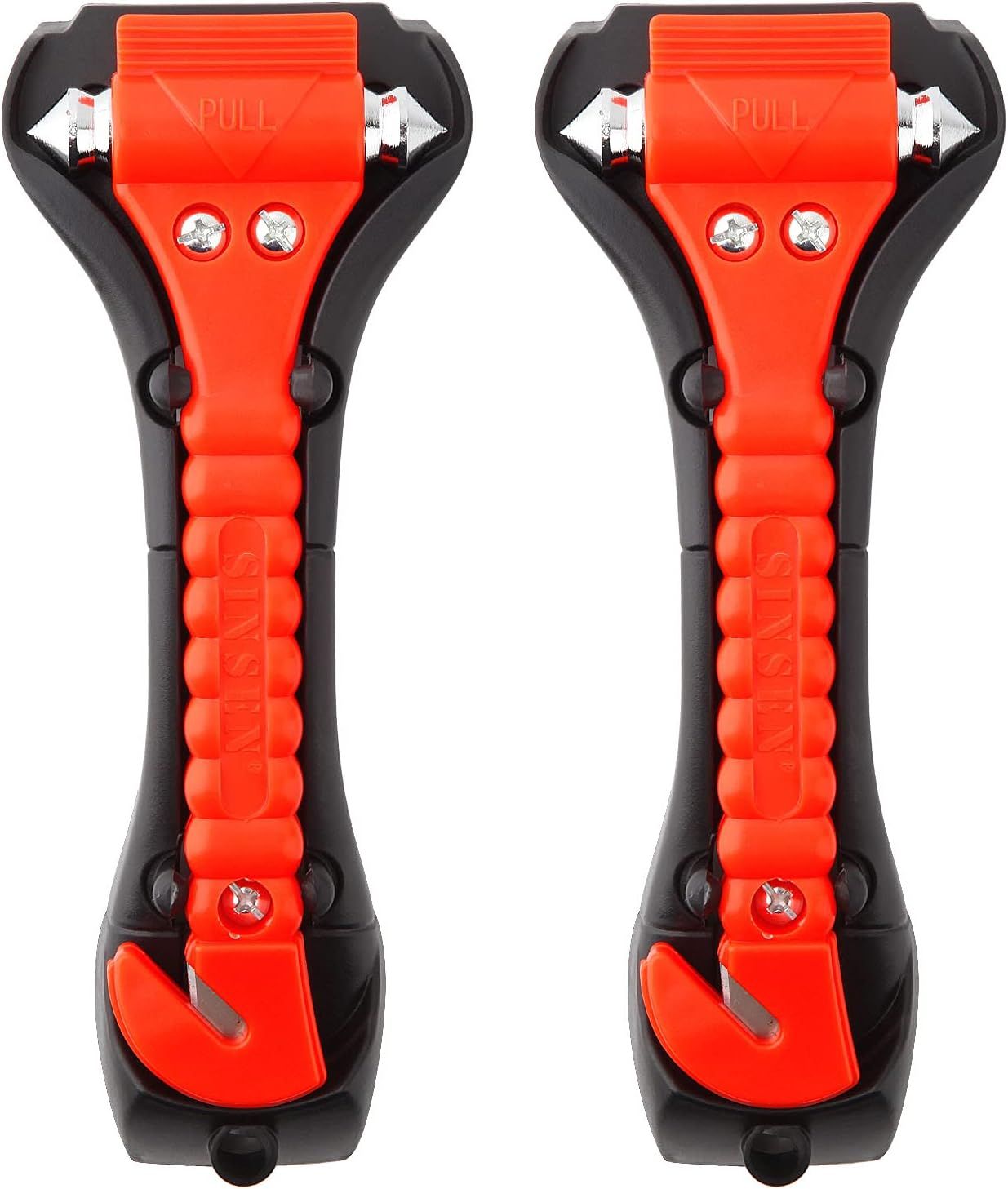 Showcases the emergency escape tool's design and key features to highlight its functionality and ease of use. Displays the two main components of the safety tool - the hammer for breaking glass and…
