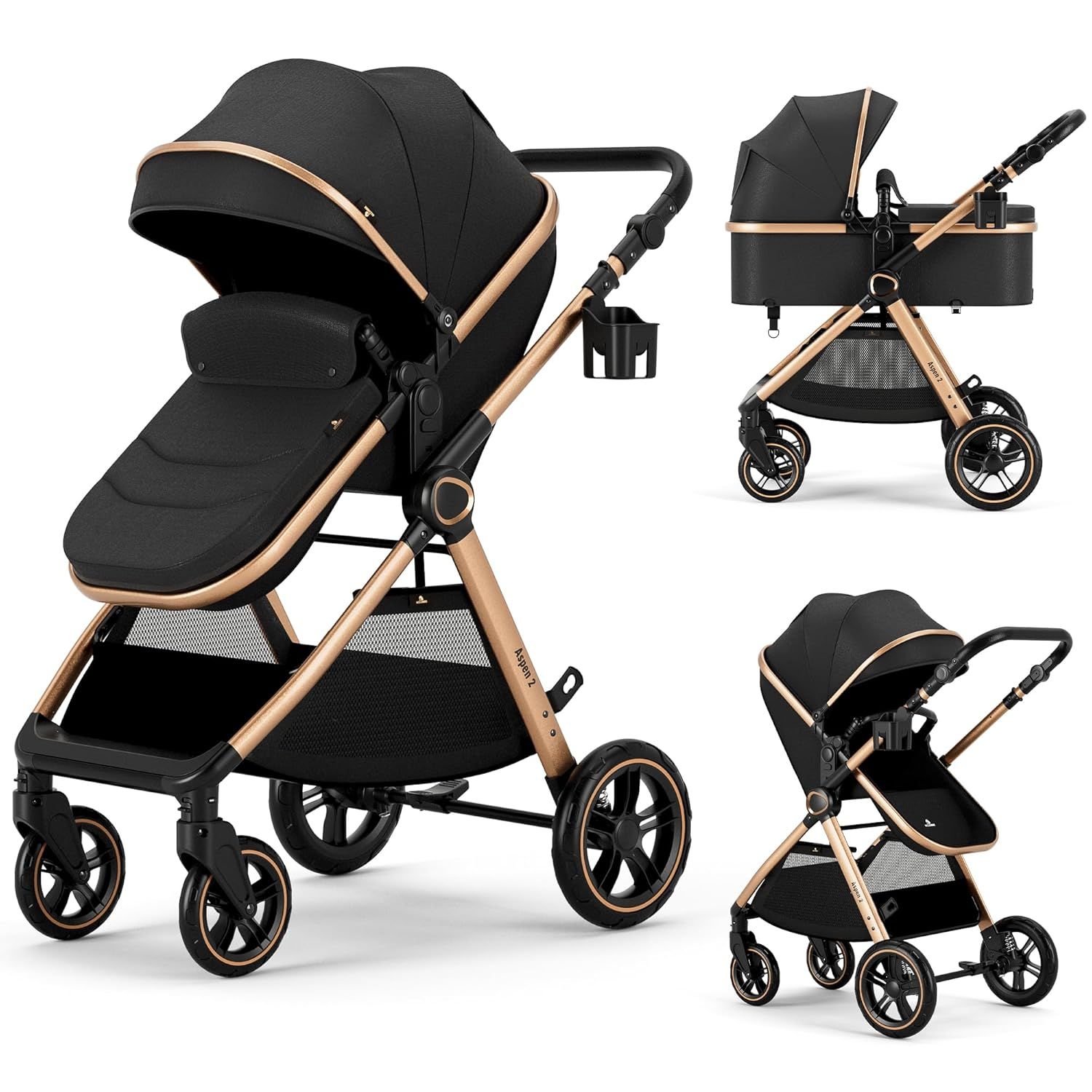 Showcases the complete stroller system including seat, bassinet, and frame to demonstrate versatility and value. Highlights the premium design with gold-colored frame and accents to appeal to…