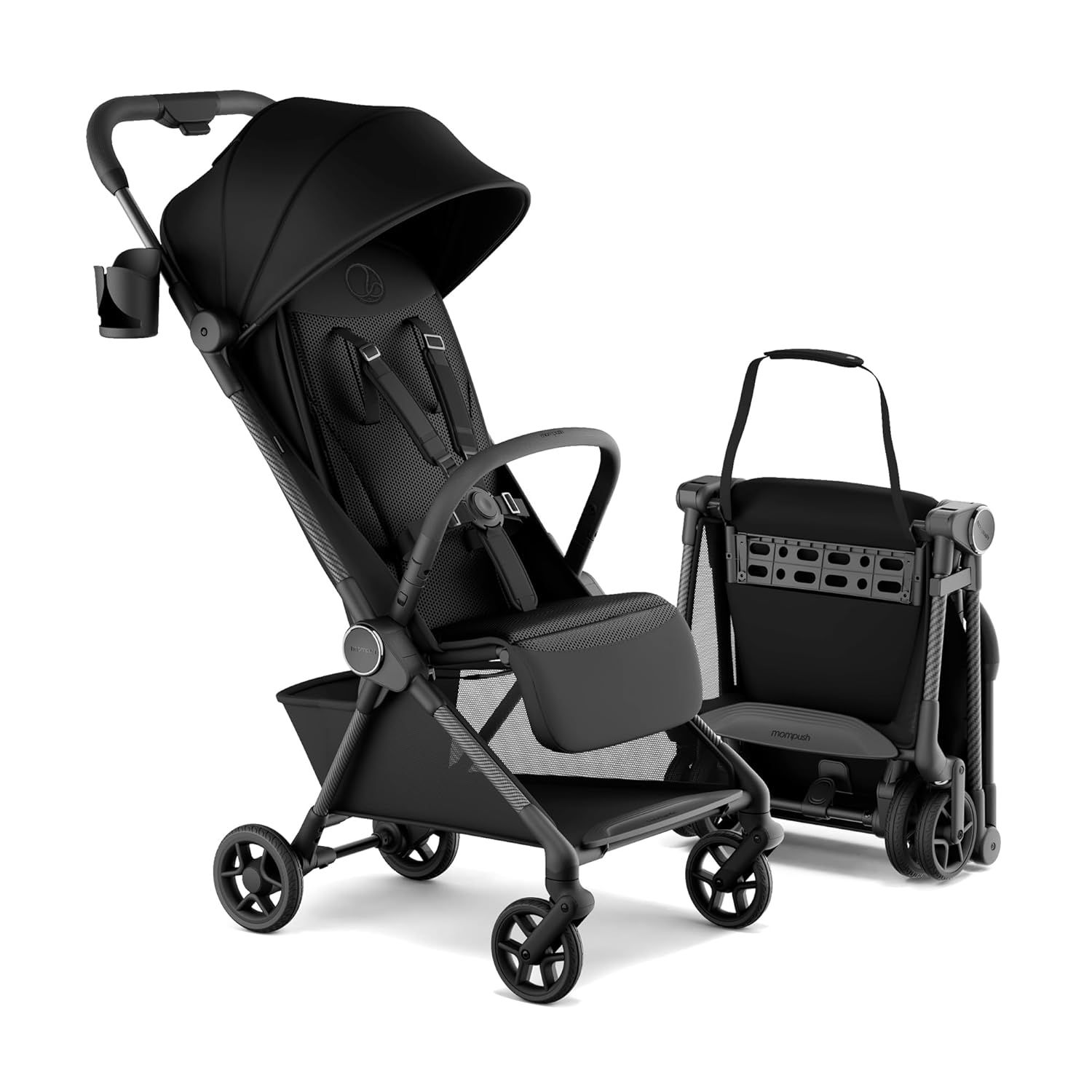 Showcases the sleek, all-black stroller design and its compact folding capability for easy storage and transport.