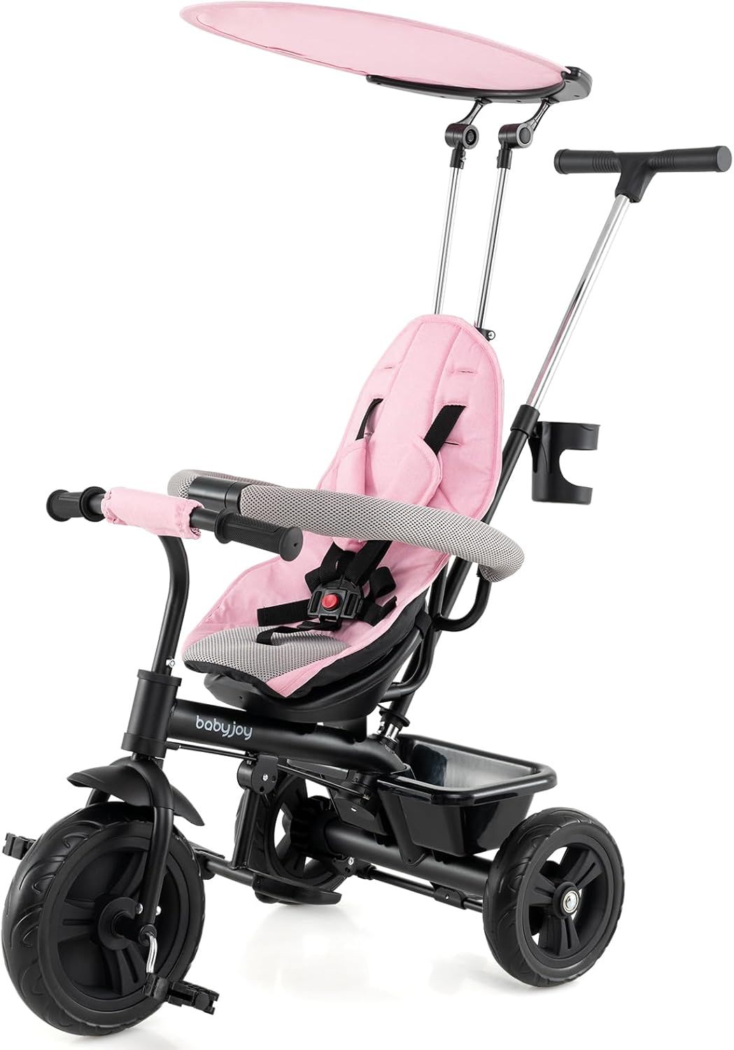 Showcases the full product design and key features like the adjustable canopy and parent push handle.