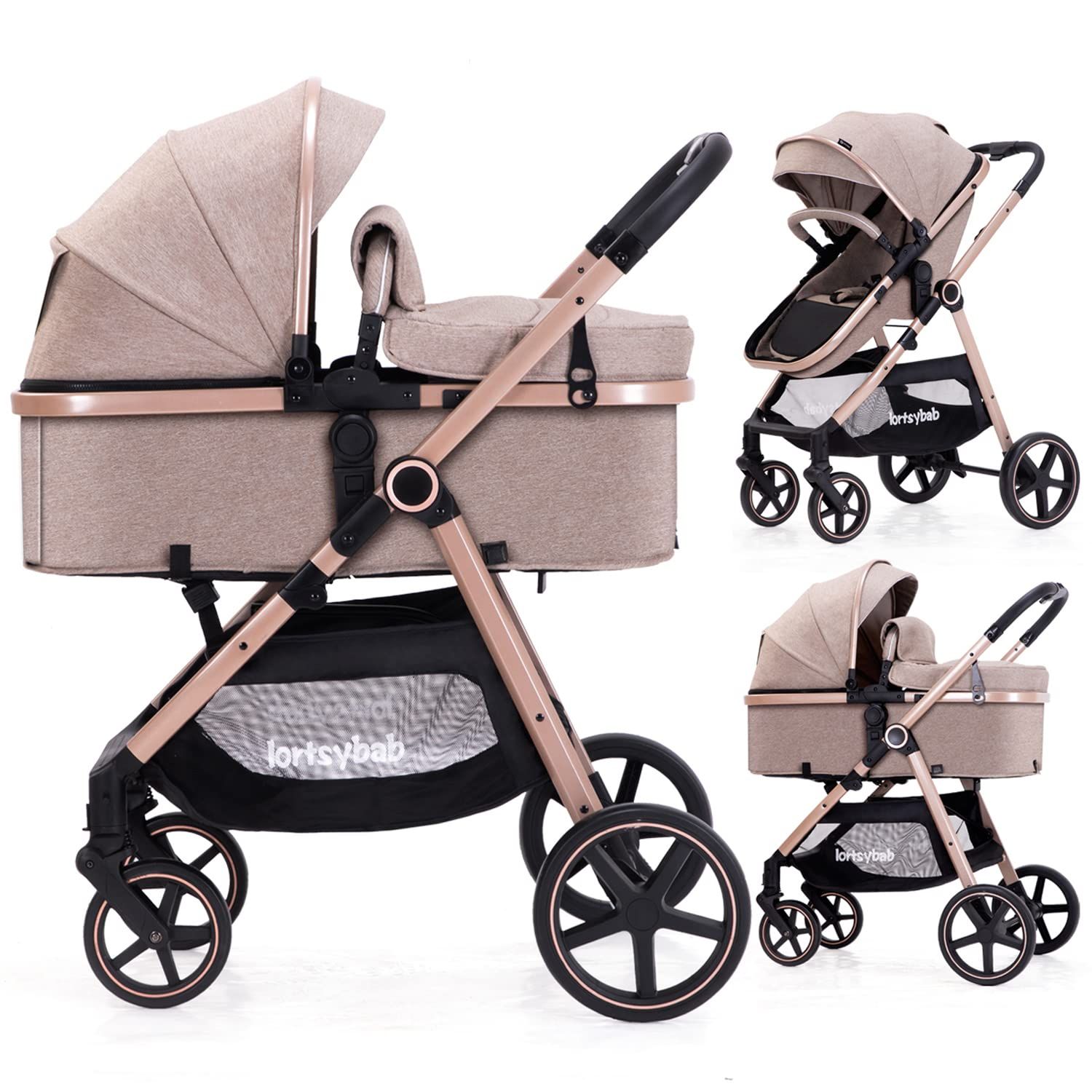 Showcases the stroller's versatility by displaying both the bassinet and upright seat configurations. Demonstrates the different modes of use, allowing parents to see how the stroller adapts as…