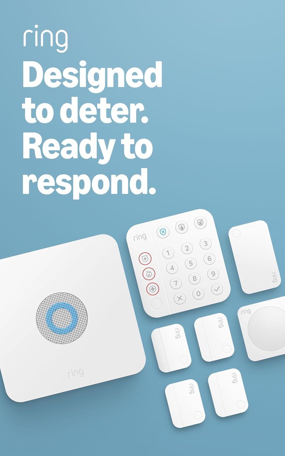 Showcases the complete Ring home security system components to demonstrate the comprehensive protection offered. Displays all the individual parts of the Ring security system to highlight the…