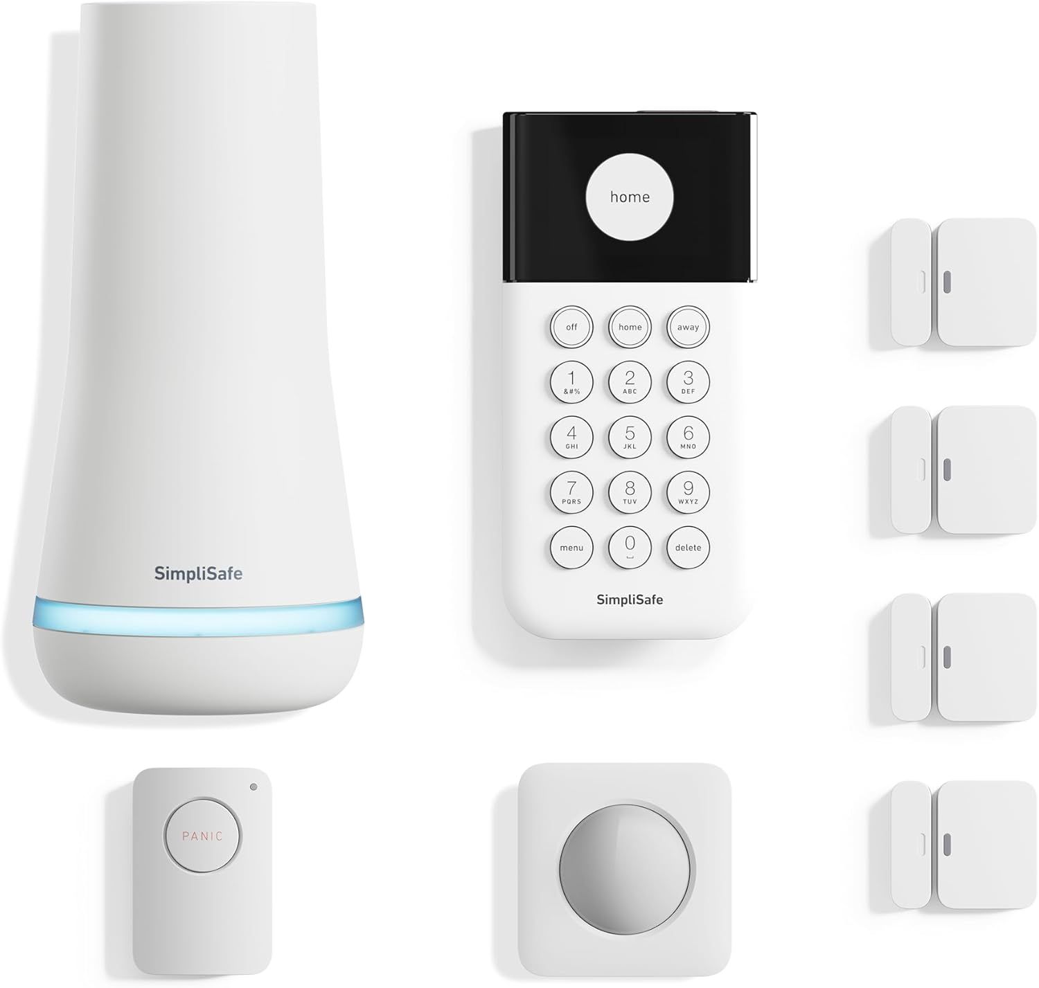 Showcases the complete set of components included in the SimpliSafe home security system, demonstrating the comprehensive nature of the product. Displays all the individual components that come with…