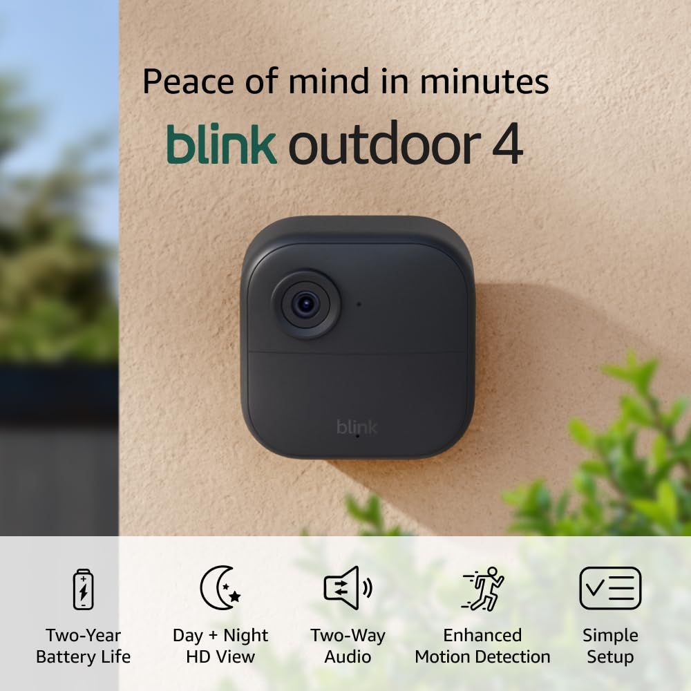 Showcases the Blink Outdoor 4 camera to highlight its compact design and easy installation for outdoor home security.