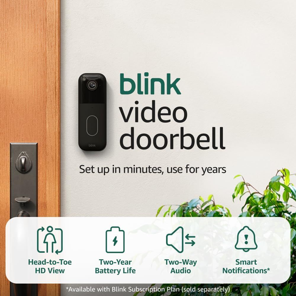 Showcases the Blink video doorbell product and its key features to highlight its ease of use and long-lasting performance.