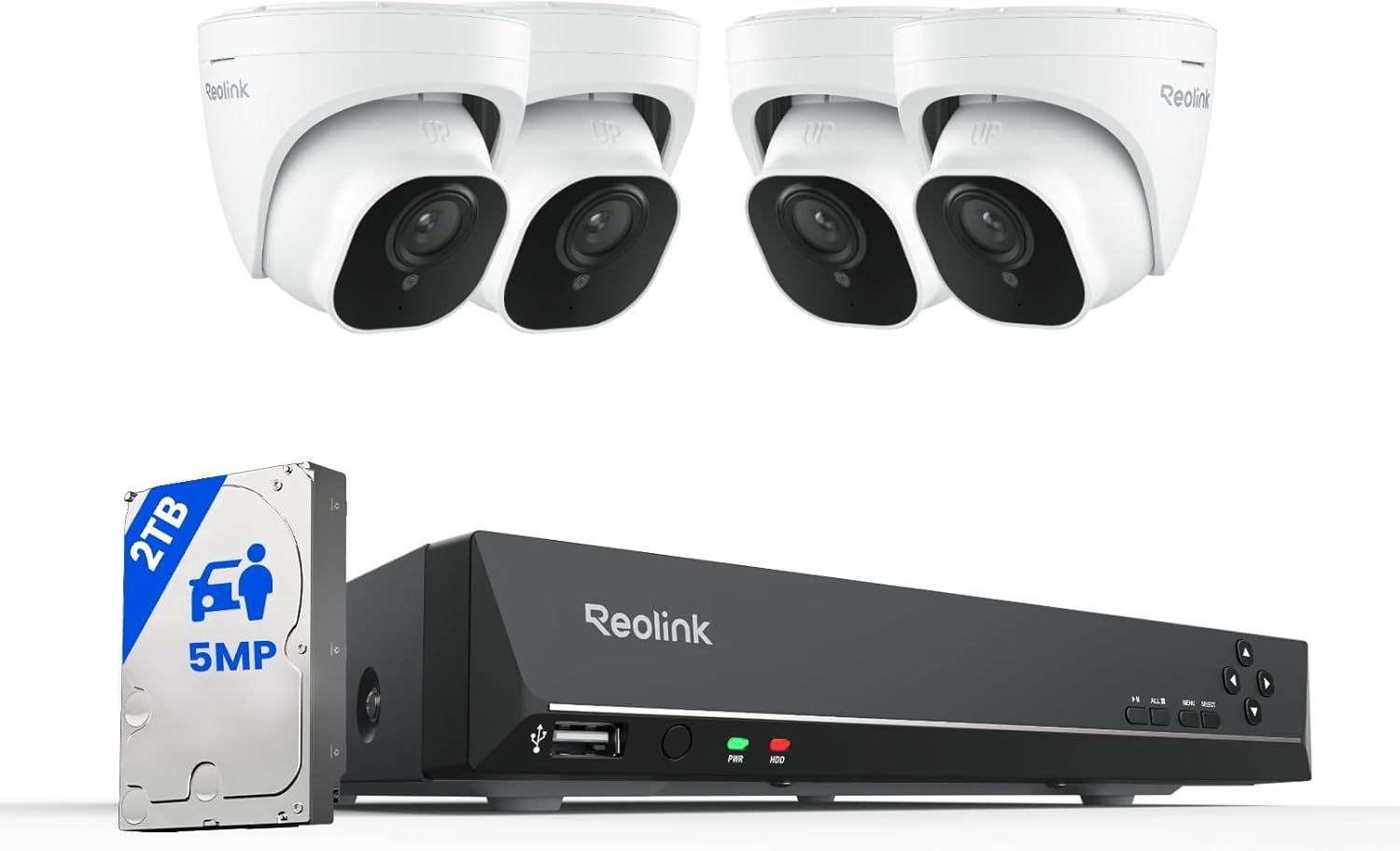 Shows the complete security camera system including cameras and DVR to demonstrate the full product offering. Displays all components included in the security system package to inform buyers of…