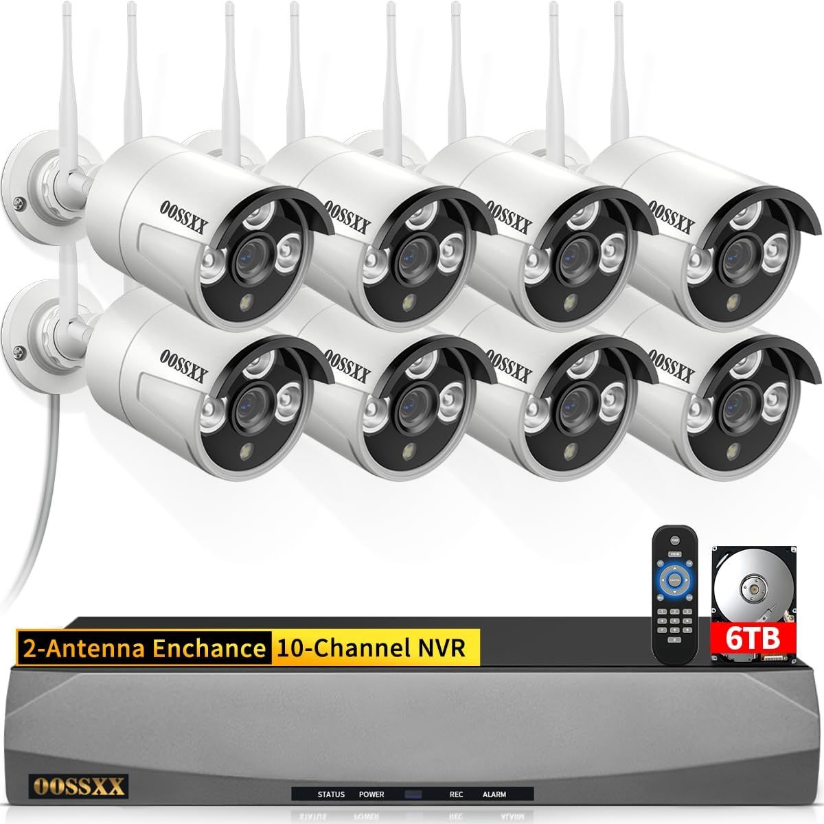 Showcases the complete security camera system including multiple cameras and the NVR unit to demonstrate the comprehensive surveillance solution. Displays all components included in the security…