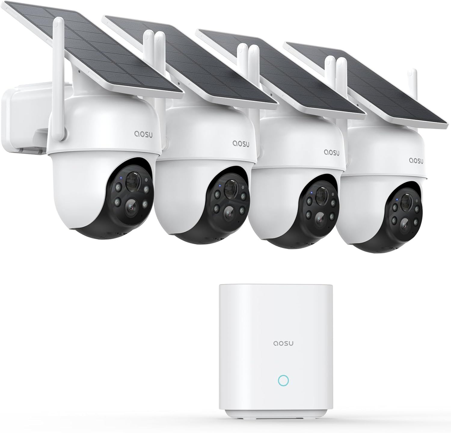 Showcases a set of solar-powered security cameras to highlight the product's eco-friendly and wireless features. Displays the complete security system including multiple cameras and a central base…