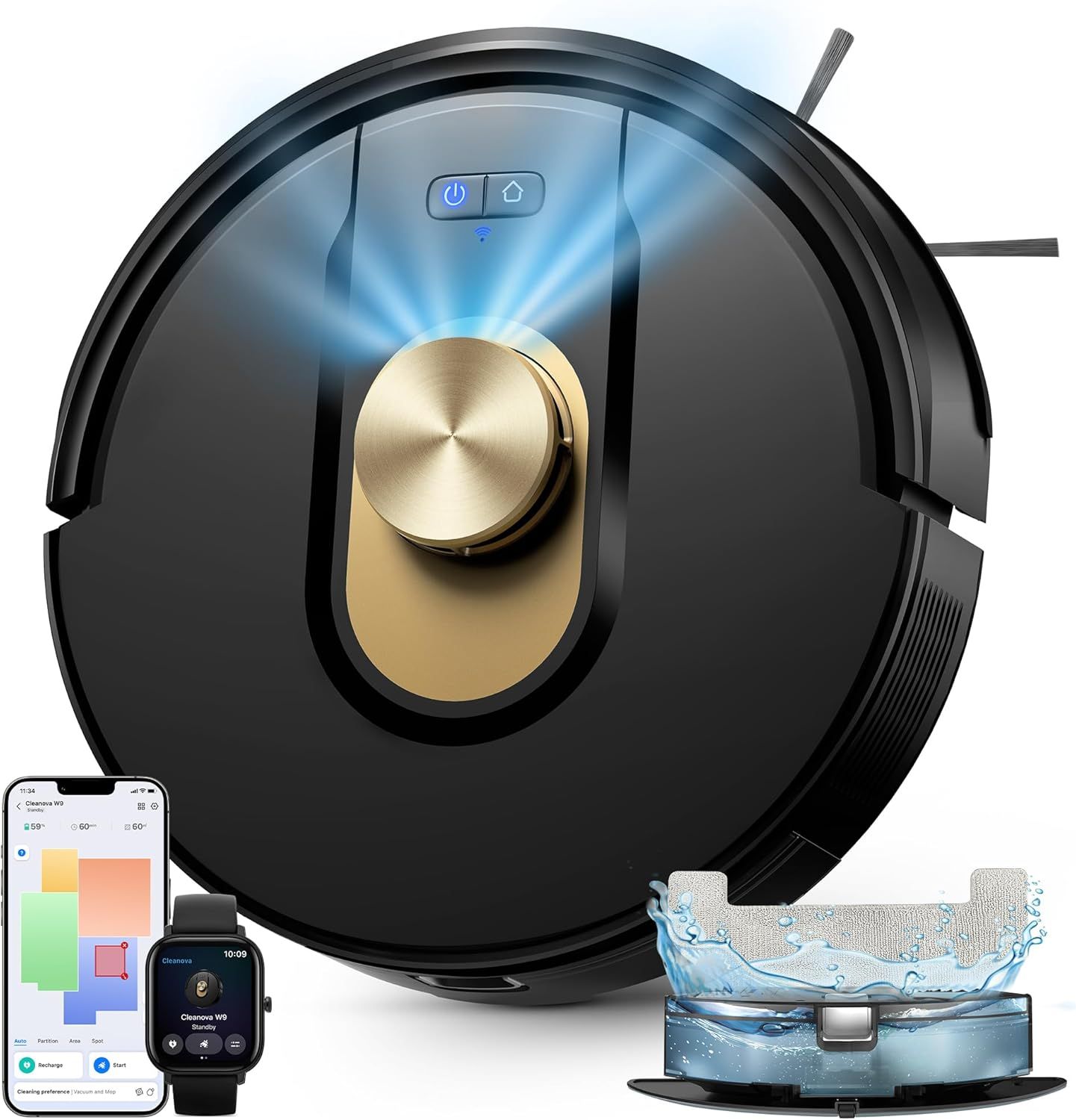 Shows the robot vacuum as the core product with smart app and watch control capabilities, plus mopping functionality to communicate its advanced features and what buyers will receive. Displays the…