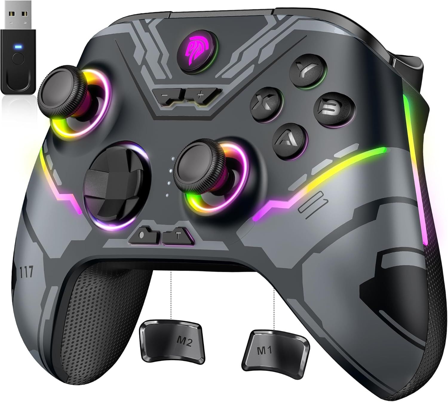 Shows the buyer exactly what is included in the purchase: the gaming controller, wireless USB receiver, and two removable back paddle attachments.