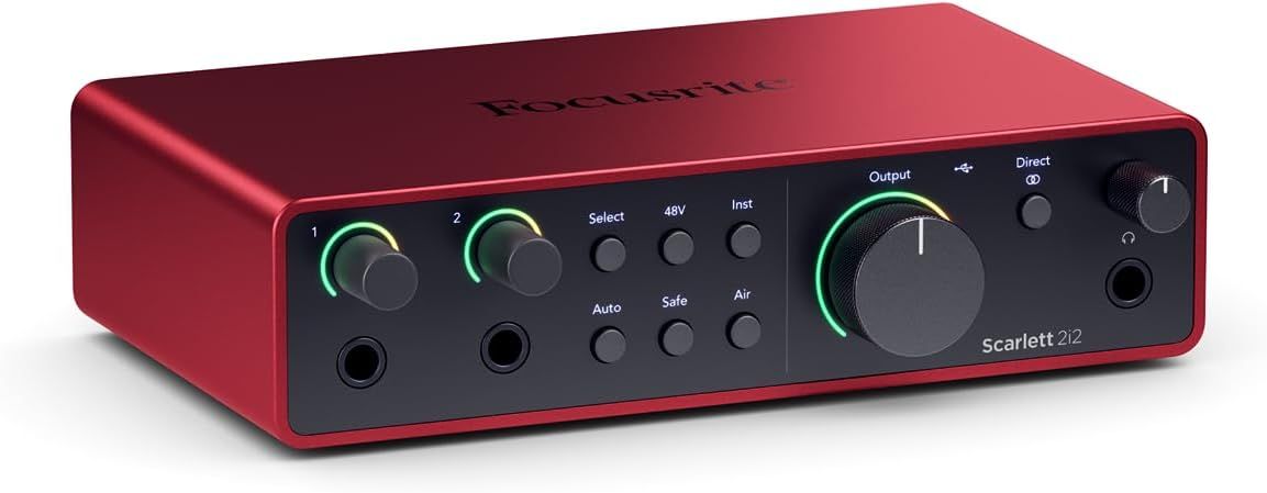 Displays the Focusrite Scarlett 2i2 audio interface clearly on a white background to help shoppers identify the product and its professional design with visible controls and branding.