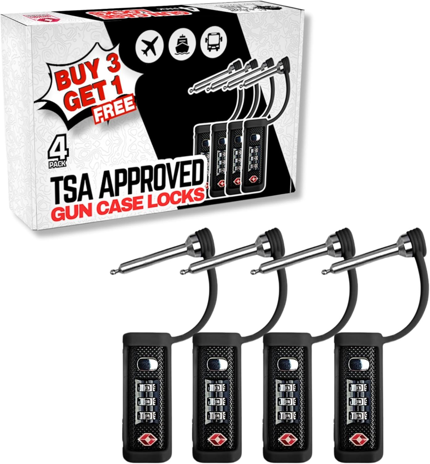Shows the shopper exactly what they will receive: four TSA-approved gun case locks with cables, displayed alongside the retail packaging to communicate value and completeness of the bundle. Displays…