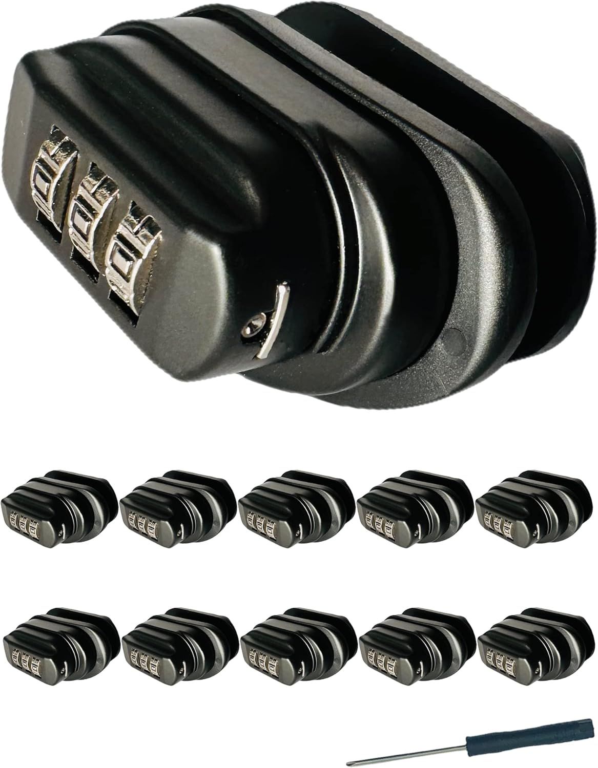 Shows the core product clearly against a white background to help shoppers identify the combination lock being sold and understand that multiple units are included in the purchase. Displays all…