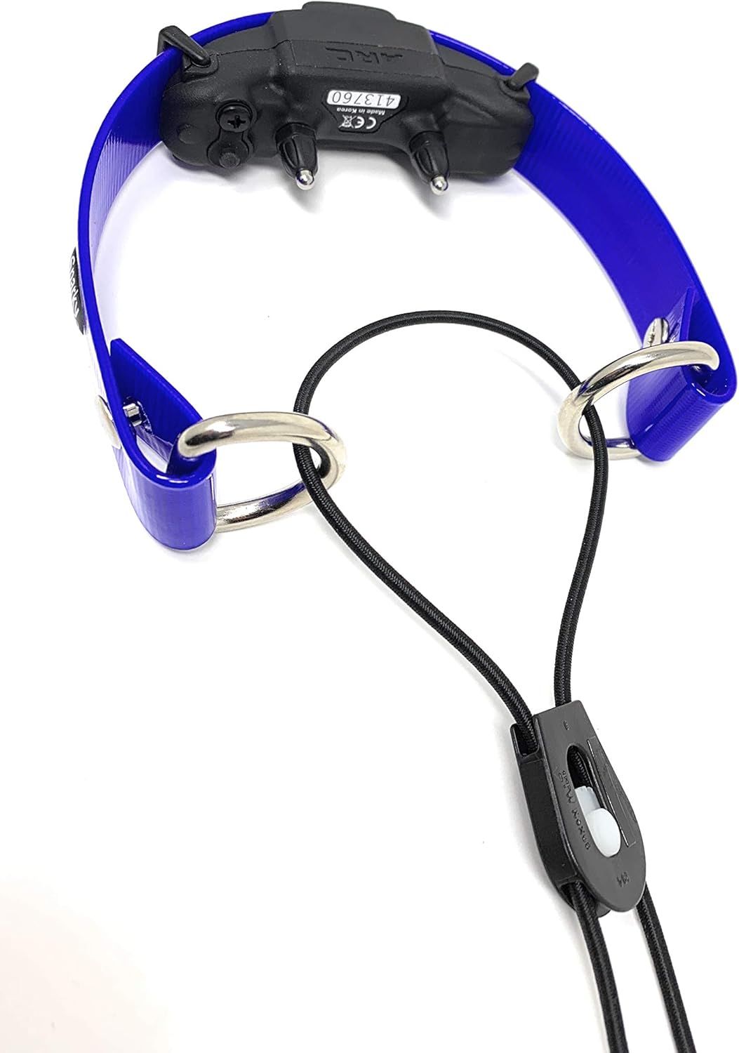Shows the complete dog training collar system including the collar strap with metal rings and the electronic receiver unit with charging cable, allowing shoppers to see all components included in…