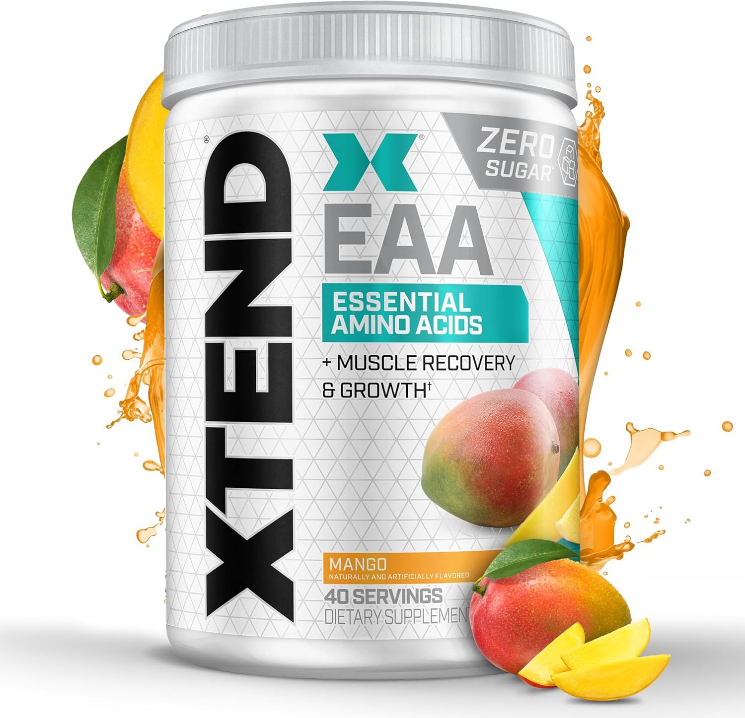 Enhances visual appeal by showing mango fruit and juice splashes to communicate the flavor and create an appetizing, dynamic presentation that attracts attention.
