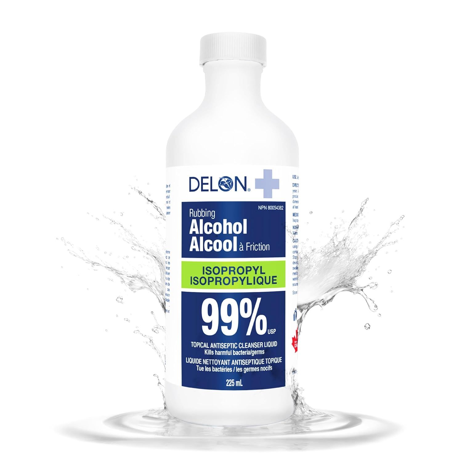 The image uses dynamic water splash graphics around the product to create visual interest and emphasize freshness and cleanliness, enhancing the appeal of the rubbing alcohol product.