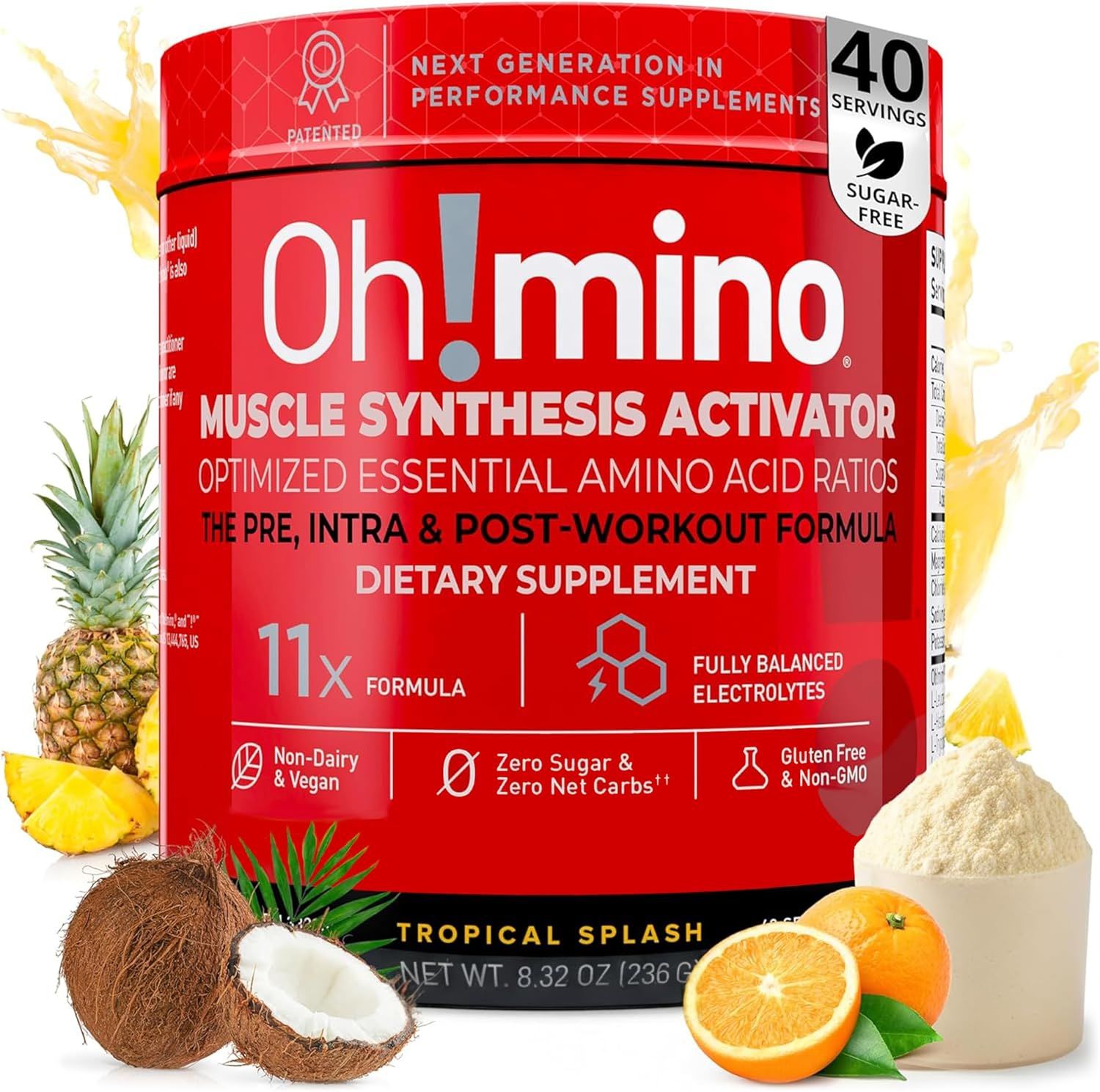 Shows the supplement container with its branding and key product claims alongside natural ingredients to communicate flavor profile and product authenticity.
