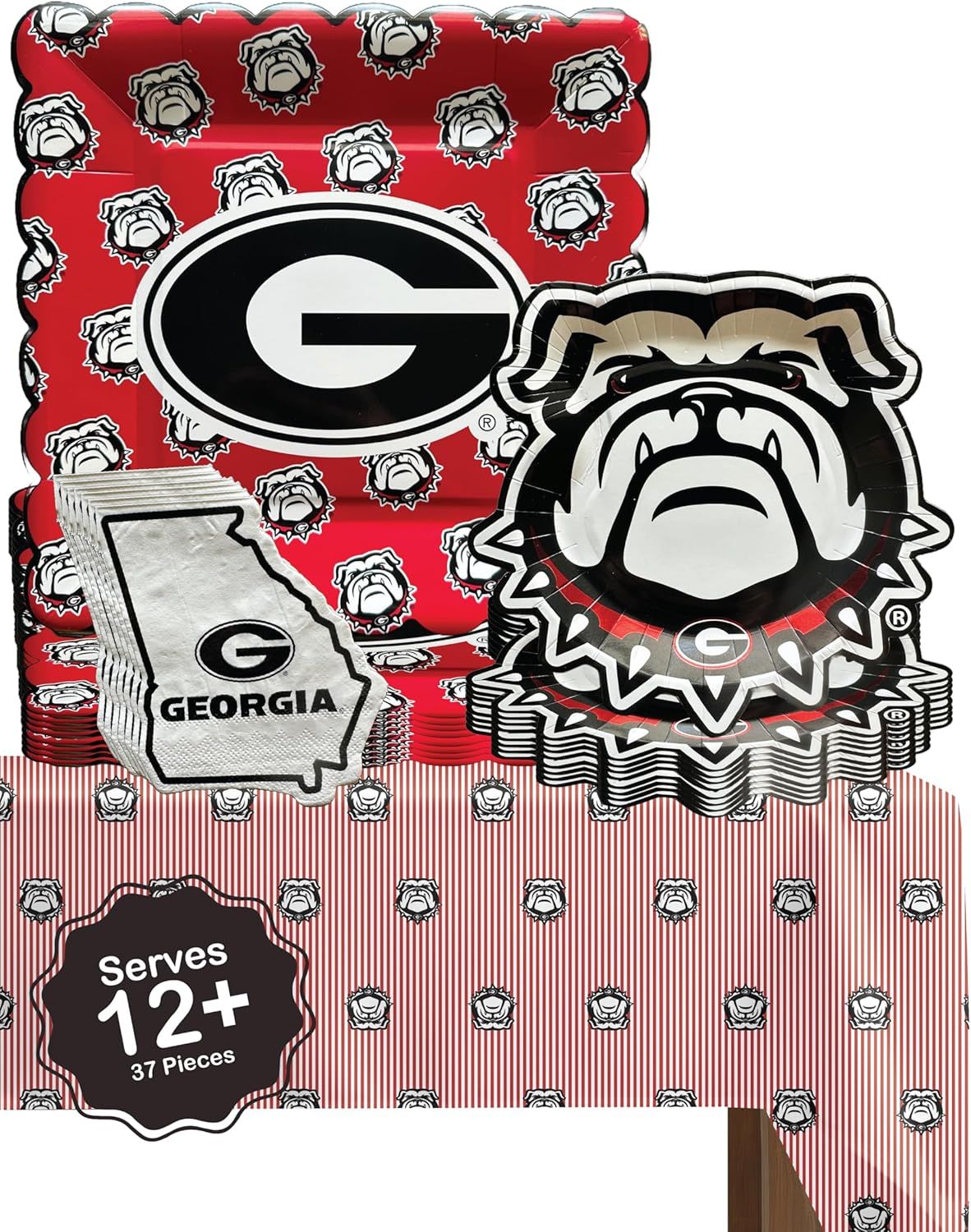 Shows the product in its retail packaging to communicate brand identity and what the customer will receive, emphasizing the University of Georgia themed party supplies set.